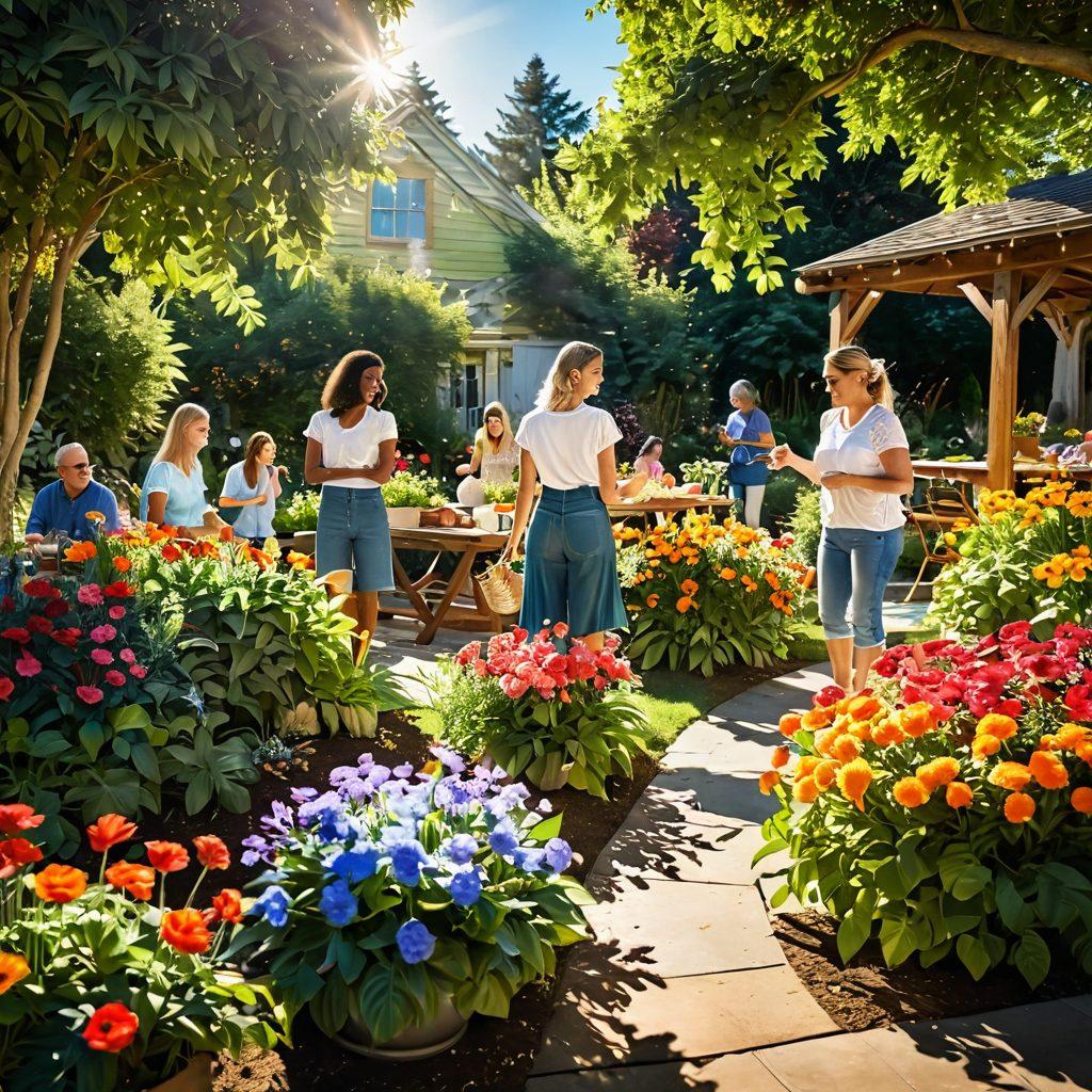 A lush garden filled with colorful flowers, sunlight streaming through the leaves, and a diverse group of joyful people engaging in community activities. In the foreground, a person watering plants while others gather for a picnic, sharing laughter and positivity. The scene radiates warmth and connection, embodying the spirit of unity and bliss. vibrant colors. super-realistic. sunny atmosphere.