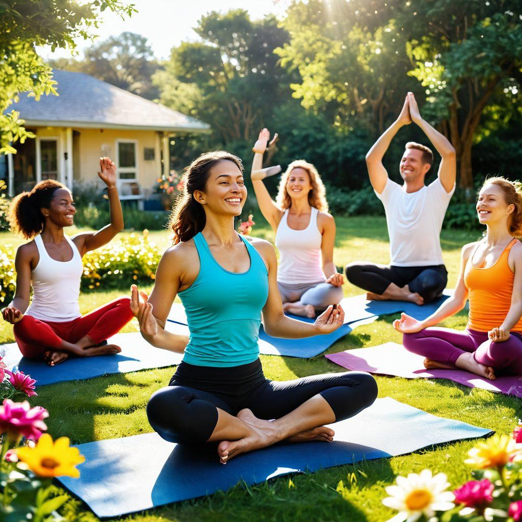 A sunlit morning scene depicting a diverse group of individuals engaging in joyful activities: practicing yoga, sharing laughter, and enjoying nature, surrounded by vibrant flowers and uplifting quotes in the background. The atmosphere is warm and inviting, reflecting happiness and positivity. Emphasize bright, cheerful colors and a sense of community. super-realistic. vibrant colors. soft focus.