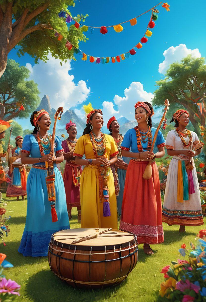A vibrant celebration scene depicting a group of diverse people joyfully engaging in traditional Branris cultural activities, surrounded by colorful decorations and lively music instruments, with a backdrop of lush landscapes and bright blue skies, symbolizing happiness and unity. super-realistic. vibrant colors. 3D.